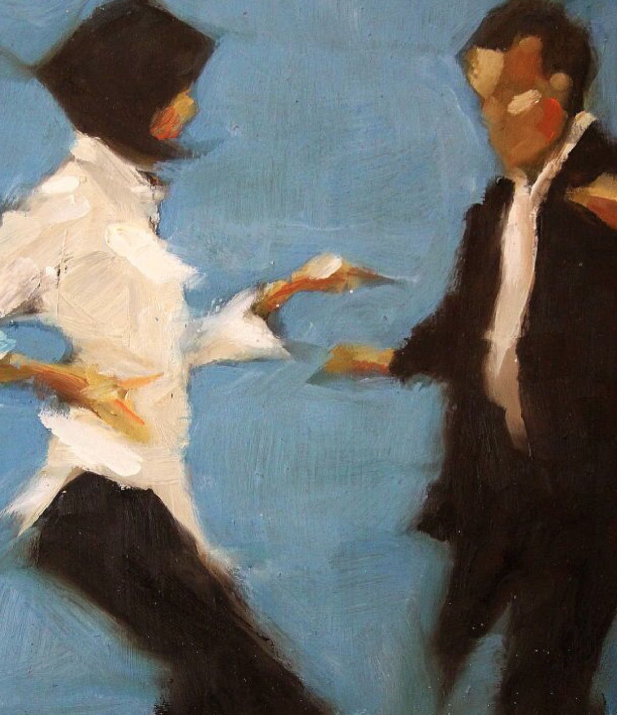 A painted scene of a couple dancing